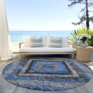 Piper Looms Chantille Aztec ACN1890 Blue Machine Washable Area Rug Round Outdoor Lifestyle Image Feature