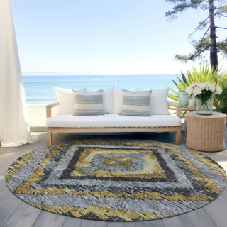 Piper Looms Chantille Aztec ACN1890 Gold Machine Washable Area Rug Round Outdoor Lifestyle Image Feature