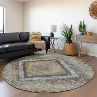 Piper Looms Chantille Aztec ACN1890 Khaki Machine Washable Area Rug Round Lifestyle Image Feature
