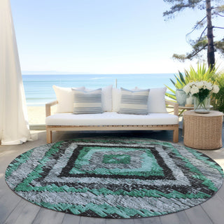 Piper Looms Chantille Aztec ACN1890 Seafoam Machine Washable Area Rug Round Outdoor Lifestyle Image Feature
