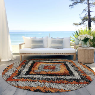 Piper Looms Chantille Aztec ACN1890 Terracotta Machine Washable Area Rug Round Outdoor Lifestyle Image Feature