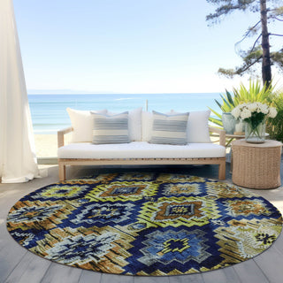 Piper Looms Chantille Aztec ACN1891 Navy Machine Washable Area Rug Round Outdoor Lifestyle Image Feature
