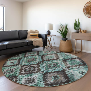 Piper Looms Chantille Aztec ACN1891 Teal Machine Washable Area Rug Round Lifestyle Image Feature