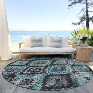 Piper Looms Chantille Aztec ACN1891 Teal Machine Washable Area Rug Round Outdoor Lifestyle Image Feature