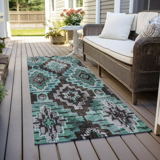 Piper Looms Chantille Aztec ACN1891 Teal Machine Washable Area Rug Runner Outdoor Lifestyle Image Feature