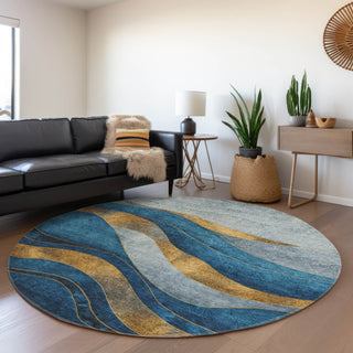 Piper Looms Chantille Swirls ACN1892 Blue Machine Washable Area Rug Round Lifestyle Image Feature