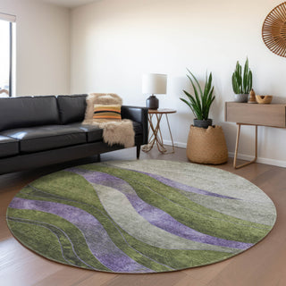 Piper Looms Chantille Swirls ACN1892 Olive Machine Washable Area Rug Round Lifestyle Image Feature