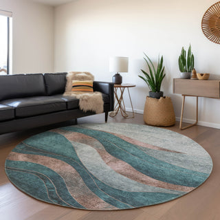 Piper Looms Chantille Swirls ACN1892 Teal Machine Washable Area Rug Round Lifestyle Image Feature