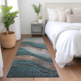 Piper Looms Chantille Swirls ACN1892 Teal Machine Washable Area Rug Runner Lifestyle Image Feature