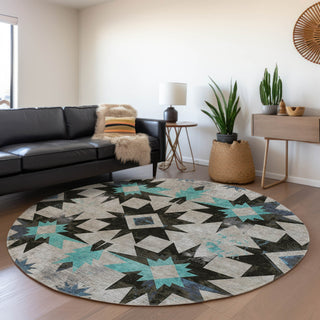 Piper Looms Chantille Aztec ACN1893 Black Machine Washable Area Rug Round Lifestyle Image Feature