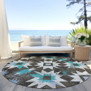 Piper Looms Chantille Aztec ACN1893 Brown Machine Washable Area Rug Round Outdoor Lifestyle Image Feature