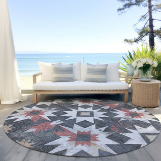 Piper Looms Chantille Aztec ACN1893 Charcoal Machine Washable Area Rug Round Outdoor Lifestyle Image Feature