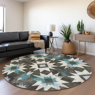 Piper Looms Chantille Aztec ACN1893 Coffee Machine Washable Area Rug Round Lifestyle Image Feature