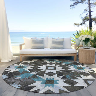 Piper Looms Chantille Aztec ACN1893 Coffee Machine Washable Area Rug Round Outdoor Lifestyle Image Feature