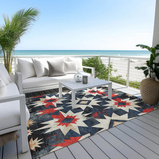 Piper Looms Chantille Aztec ACN1893 Navy Machine Washable Area Rug Outdoor Lifestyle Image Feature