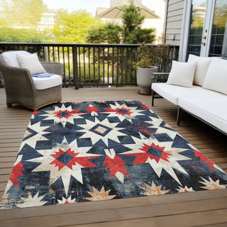 Piper Looms Chantille Aztec ACN1893 Navy Machine Washable Area Rug Outdoor Lifestyle Image Feature