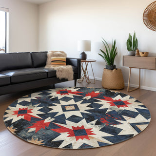 Piper Looms Chantille Aztec ACN1893 Navy Machine Washable Area Rug Round Lifestyle Image Feature