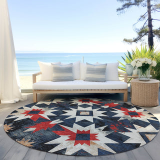 Piper Looms Chantille Aztec ACN1893 Navy Machine Washable Area Rug Round Outdoor Lifestyle Image Feature