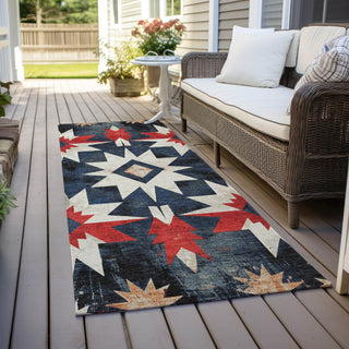 Piper Looms Chantille Aztec ACN1893 Navy Machine Washable Area Rug Runner Outdoor Lifestyle Image Feature