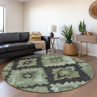 Piper Looms Chantille Aztec ACN1894 Aloe Machine Washable Area Rug Round Lifestyle Image Feature