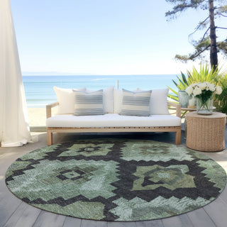 Piper Looms Chantille Aztec ACN1894 Aloe Machine Washable Area Rug Round Outdoor Lifestyle Image Feature
