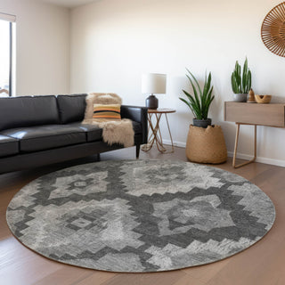 Piper Looms Chantille Aztec ACN1894 Gray Machine Washable Area Rug Round Lifestyle Image Feature