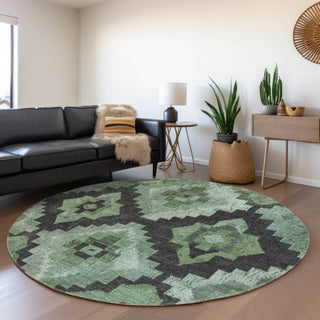 Piper Looms Chantille Aztec ACN1894 Green Machine Washable Area Rug Round Lifestyle Image Feature