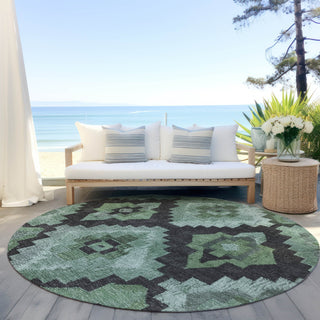 Piper Looms Chantille Aztec ACN1894 Green Machine Washable Area Rug Round Outdoor Lifestyle Image Feature