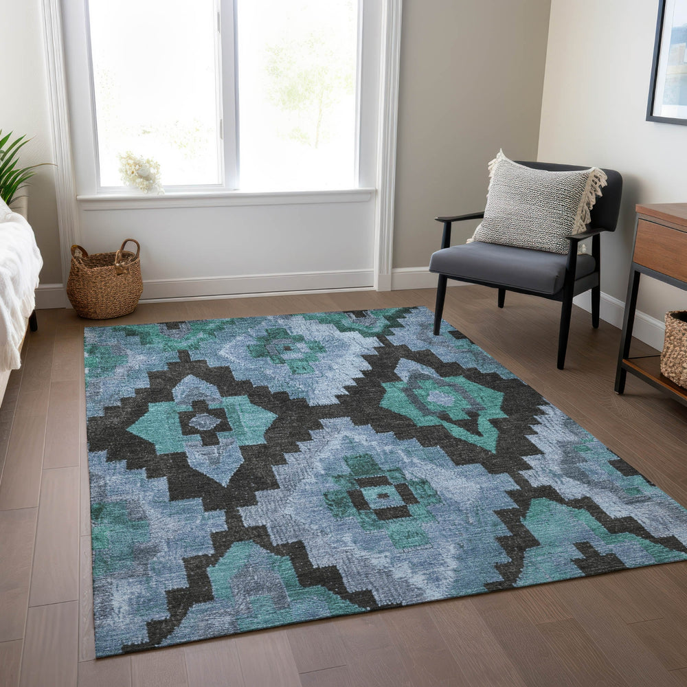 Piper Looms Chantille Aztec ACN1894 Teal Machine Washable Area Rug Lifestyle Image Feature