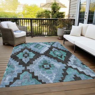 Piper Looms Chantille Aztec ACN1894 Teal Machine Washable Area Rug Outdoor Lifestyle Image Feature