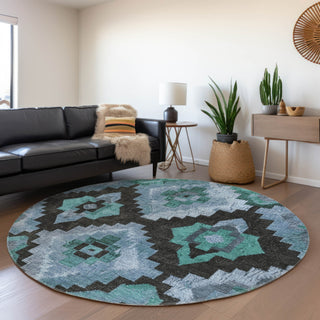 Piper Looms Chantille Aztec ACN1894 Teal Machine Washable Area Rug Round Lifestyle Image Feature