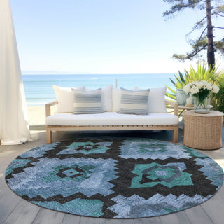 Piper Looms Chantille Aztec ACN1894 Teal Machine Washable Area Rug Round Outdoor Lifestyle Image Feature