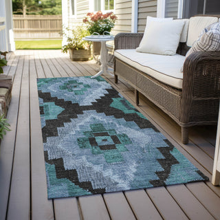 Piper Looms Chantille Aztec ACN1894 Teal Machine Washable Area Rug Runner Outdoor Lifestyle Image Feature