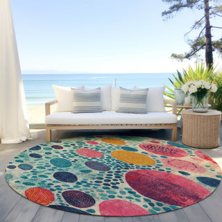 Piper Looms Chantille Geometric ACN1895 Teal Machine Washable Area Rug Round Outdoor Lifestyle Image Feature