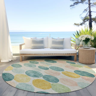 Piper Looms Chantille Geometric ACN1898 Teal Machine Washable Area Rug Round Outdoor Lifestyle Image Feature