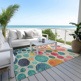 Piper Looms Chantille Geometric ACN1899 Teal Machine Washable Area Rug Outdoor Lifestyle Image Feature