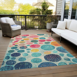 Piper Looms Chantille Geometric ACN1899 Teal Machine Washable Area Rug Outdoor Lifestyle Image Feature
