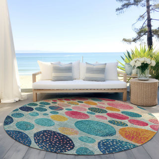 Piper Looms Chantille Geometric ACN1899 Teal Machine Washable Area Rug Round Outdoor Lifestyle Image Feature