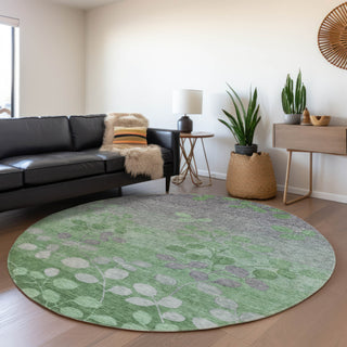 Piper Looms Chantille Floral ACN1900 Green Machine Washable Area Rug Round Lifestyle Image Feature