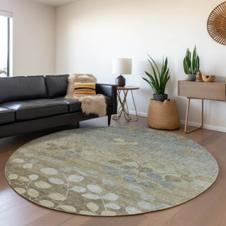 Piper Looms Chantille Floral ACN1900 Khaki Machine Washable Area Rug Round Lifestyle Image Feature