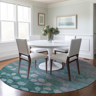 Piper Looms Chantille Floral ACN1900 Teal Machine Washable Area Rug Round Lifestyle Image Feature