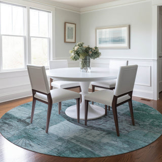 Piper Looms Chantille Global ACN1905 Teal Machine Washable Area Rug Round Lifestyle Image Feature