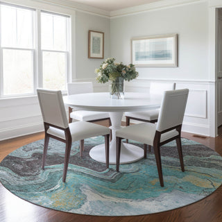 Piper Looms Chantille Abstract ACN1907 Teal Machine Washable Area Rug Round Lifestyle Image Feature
