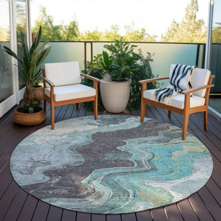 Piper Looms Chantille Abstract ACN1907 Teal Machine Washable Area Rug Round Outdoor Lifestyle Image Feature