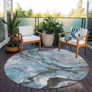 Piper Looms Chantille Abstract ACN1908 Teal Machine Washable Area Rug Round Outdoor Lifestyle Image Feature