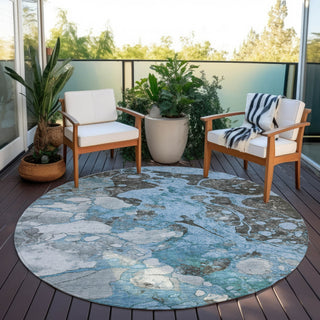Piper Looms Chantille Abstract ACN1909 Blue Machine Washable Area Rug Round Outdoor Lifestyle Image Feature
