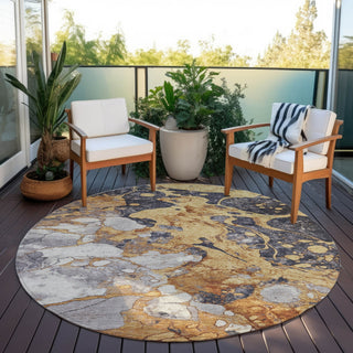 Piper Looms Chantille Abstract ACN1909 Gold Machine Washable Area Rug Round Outdoor Lifestyle Image Feature