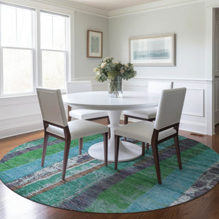 Piper Looms Chantille Stripes ACN1910 Teal Machine Washable Area Rug Round Lifestyle Image Feature
