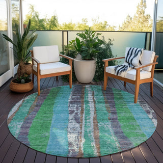 Piper Looms Chantille Stripes ACN1910 Teal Machine Washable Area Rug Round Outdoor Lifestyle Image Feature