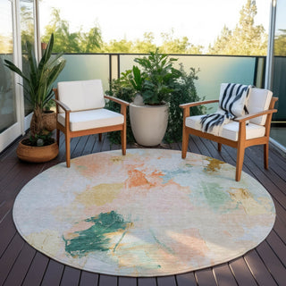 Piper Looms Chantille Abstract ACN1914 Peach Machine Washable Area Rug Round Outdoor Lifestyle Image Feature